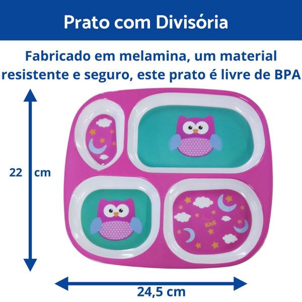 Imagem de Kit Introdução Alimentar Refeição Infantil Prato com Divisória, Prato Raso, Garfo e Colher Coruja Menina Rosa Enxoval Bebê