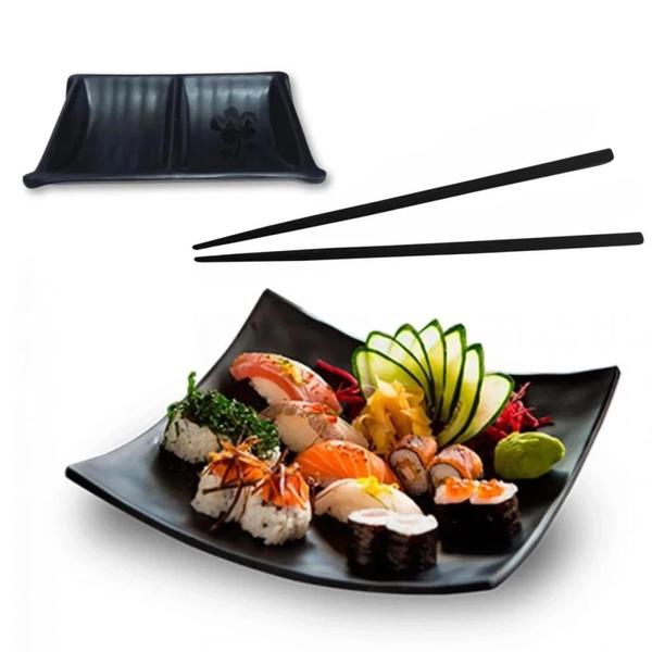 Imagem de Kit Jantar Casal Comida Japonesa 2 Pratos Concavos + 2 Pares Hashi + 1 Molheira Preta