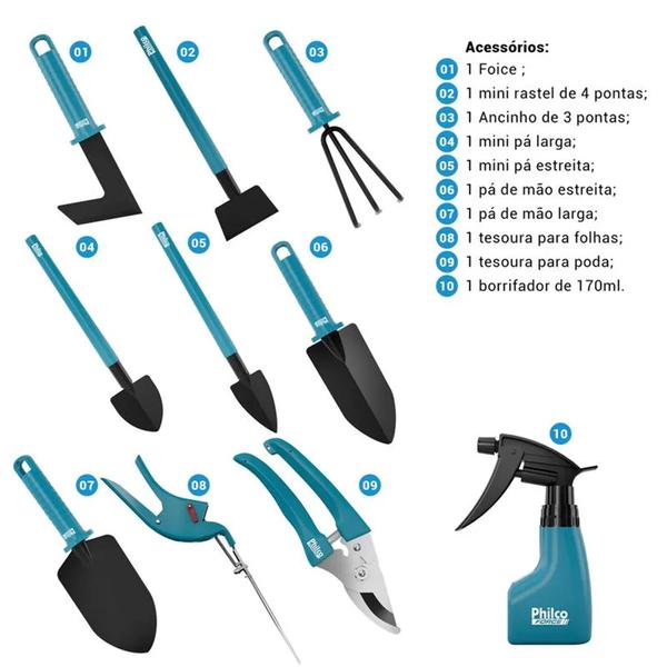 Imagem de Kit Jardinagem Profissional  Philco PKJ10 Matela  Premium 10 Peças