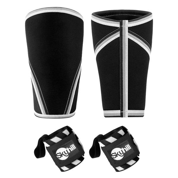 Imagem de Kit Joelheira Neoprene 7mm Preta e Munhequeira Elástica Listrada Skyhill