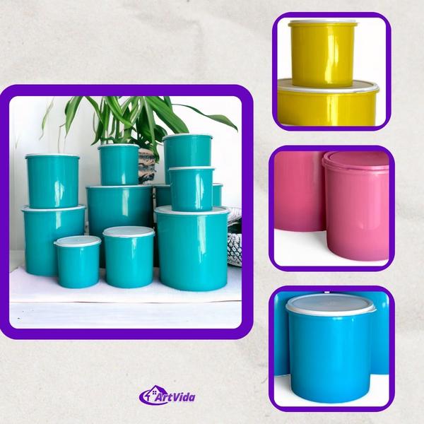 Imagem de Kit Jogo 10 Mantimentos Potes Tapuer Plástico - Plástico Resistente - Organizador Prático, Veda Bem, Fecha bem Cores Variadas Preto Branco Vermelho Rosa Amarelo Azul Tiffany Verde - Utilidades Domésticas - ArtVida