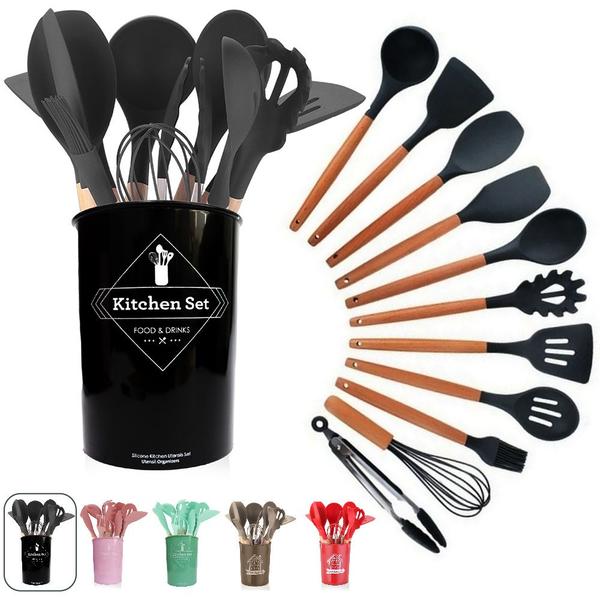 Kit Jogo 12 Peças Utensílios De Silicone Para Cozinha Com Cabo De Madeira + Balde - Linha ... Kit Jogo 12 Peças Utensílios De Silicone Para Cozinha Com Cabo De Madeira + Balde - Linha ...