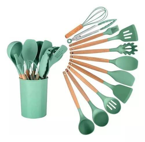 Imagem de Kit Jogo 12 Peças Utensílios De Silicone Para Cozinha Com Cabo De Madeira Balde 