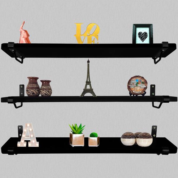 Kit Jogo 3 Prateleiras De Parede Madeira MDP 60cm x 15cm Preta Imagem de Kit Jogo 3 Prateleiras De Parede Madeira MDP 60cm x 15cm Preta