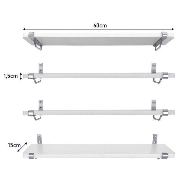 Imagem de Kit Jogo 4 Prateleiras De Parede Madeira MDP 60cm x 15cm Prata e Branca