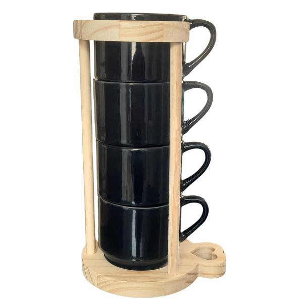 Imagem de Kit Jogo 4 Xicaras Café/Chá 200ml c/ suporte pinus - Preta