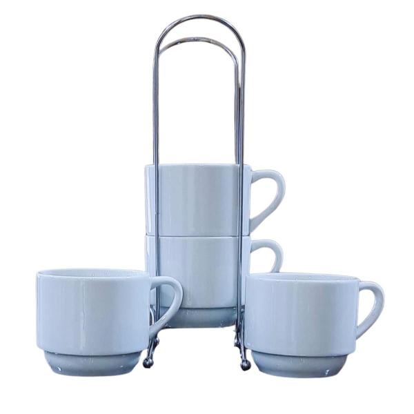 Imagem de Kit Jogo 4 Xicaras Café/Chá hotel 200ml Empilháveis com suporte - Porcelana Branca