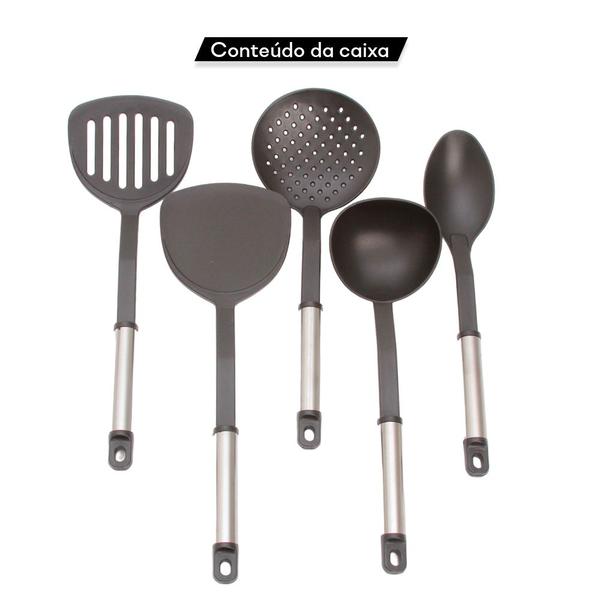 Imagem de Kit Jogo 5 Colheres Utensílios De Cozinha Plástico Inox