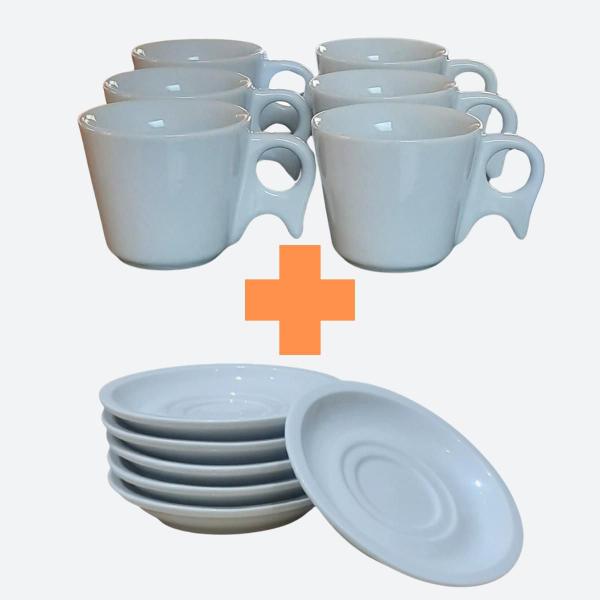 Imagem de Kit Jogo 6 Xicaras Café/Chá 200ml Cabo Prático c/ pires - Porcelana Branca