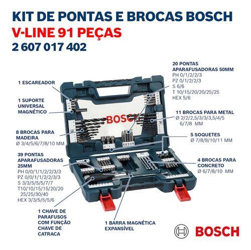 Imagem de Kit Jogo Acessórios Brocas Bits V-line 91 Peças Maleta Bosch 2607017402