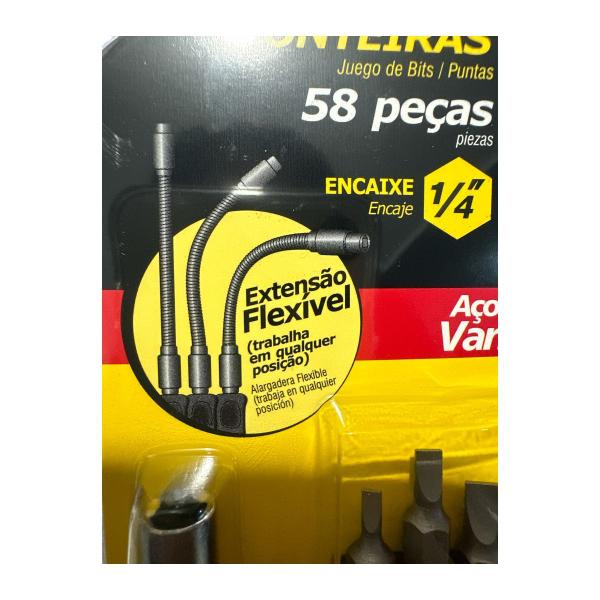 Imagem de Kit Jogo Bits Ponteiras 58 Pçs Encaixe 1/4 Extensor Flexível