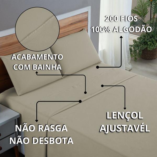 Imagem de Kit Jogo Cama King Size 4 Peças 100% Algodão Percal 200 Fios Lençol com Elástico