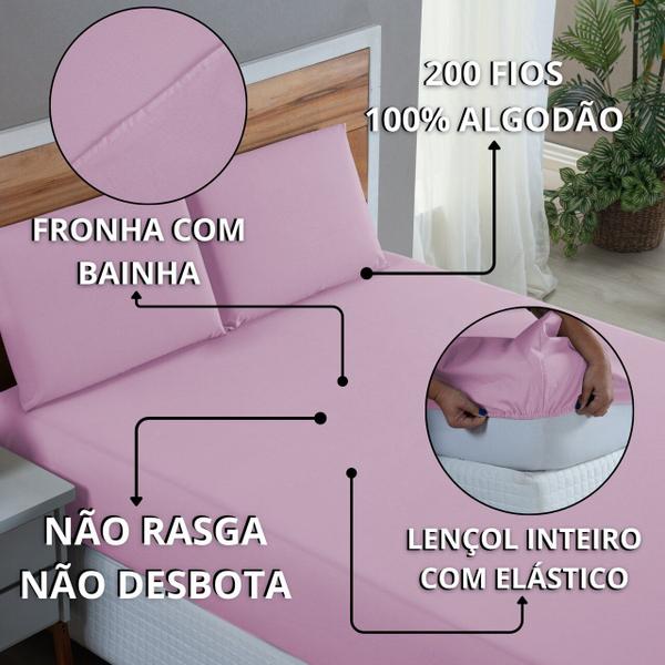 Imagem de Kit Jogo Cama Queen 3 Peças 100% Algodão Percal 200 Fios Lençol com Elástico