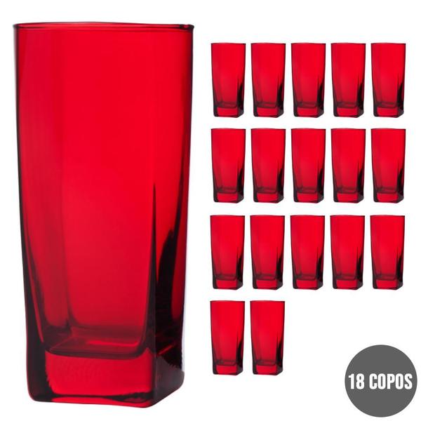 Imagem de Kit Jogo de 18 Copos Bali Quadrado 320ml Vermelho Mesa Luxo