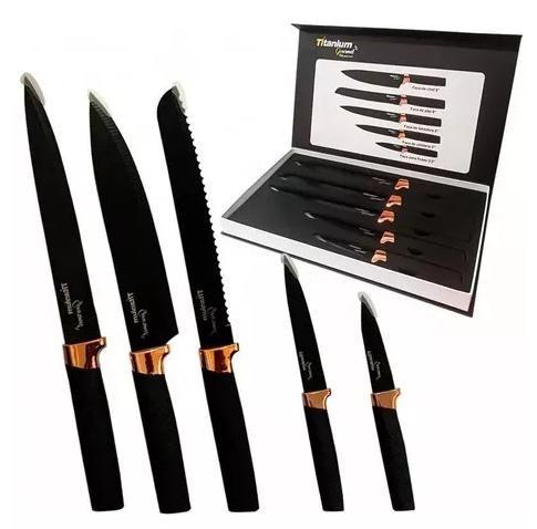 Kit Jogo de 5 Facas Premium Rose Titanium Gourmet - Titanium Platina