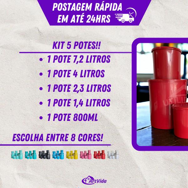 Imagem de Kit Jogo de 5 Potes Mantimentos - Plástico - Resistente 5 Peças Cores Variadas Preto Branco Vermelho Rosa Amarelo Azul Tiffany Verde - Cozinha - Organizador Prático, Veda Bem, Fecha bem - Utilidades Domésticas - ARTVIDA