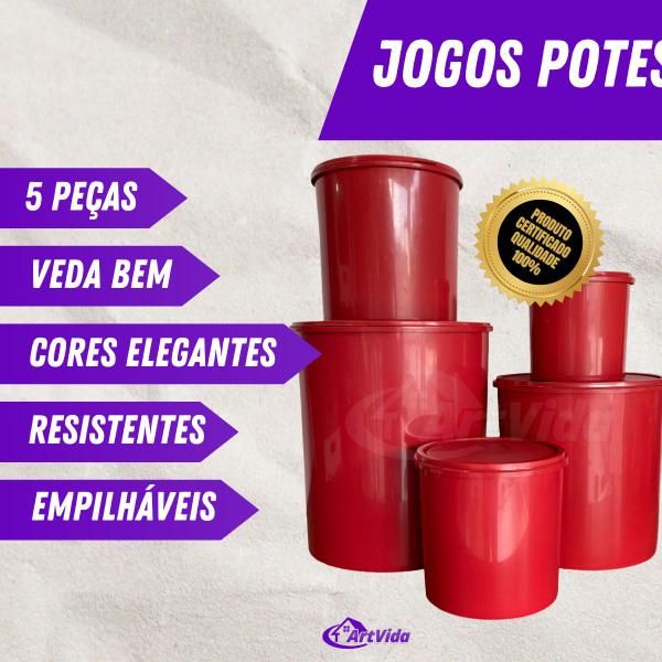 Imagem de Kit Jogo de 5 Potes Mantimentos - Plástico - Resistente 5 Peças Cores Variadas Preto Branco Vermelho Rosa Amarelo Azul Tiffany Verde - Cozinha - Organizador Prático, Veda Bem, Fecha bem - Utilidades Domésticas - ARTVIDA