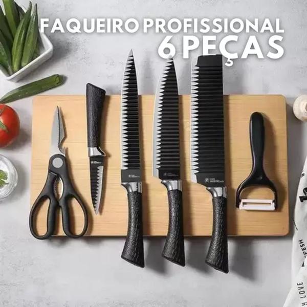 Imagem de Kit Jogo De 6 Facas De Churrasco Antiaderente Fio De Navalha Cor Preto - QG DOS PRODUTOS