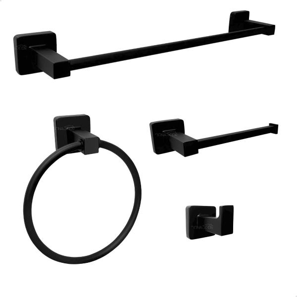 Imagem de Kit Jogo De Banheiro Preto Fosco Quadrado 4 Peças Suporte Parede Porta Toalha De Banho 40cm Gancho Papeleira Toalheiro Argola Acessório Inox Metal