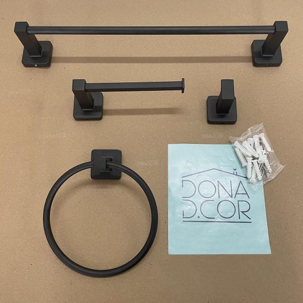 Imagem de Kit Jogo De Banheiro Preto Fosco Quadrado 4 Peças Suporte Parede Porta Toalha De Banho 40cm Gancho Papeleira Toalheiro Argola Acessório Inox Metal