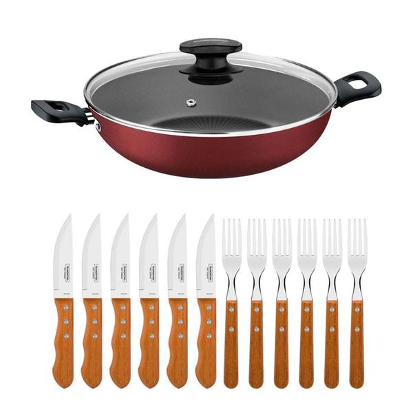 Imagem de Kit - Jogo de Churrasco Inox 12 Peças Dynamic + 1 Panela Wok 3,3L 28cm Vermelha - Tramontina