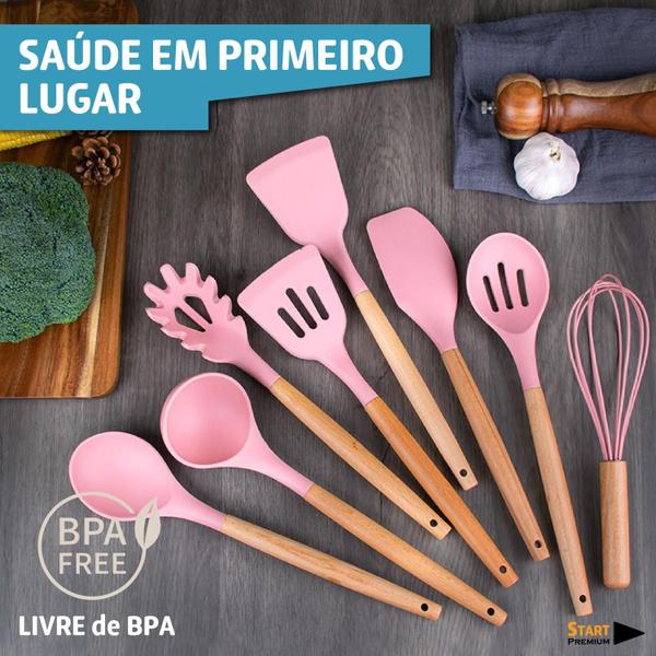 Imagem de Kit Jogo De Cozinha Silicone 12 Peças Utensílios Deluxe Cabo De Madeira Top