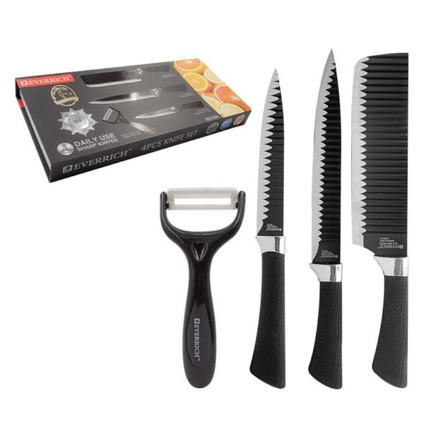 Kit Jogo De Facas Inox Profissional Com 4 Peças Preta - Everrich Imagem de Kit Jogo De Facas Inox Profissional Com 4 Peças Preta