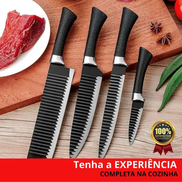 Imagem de Kit jogo de facas preto antiaderente original para churrasco 8 peças Fio de Navalha com garra e amolador