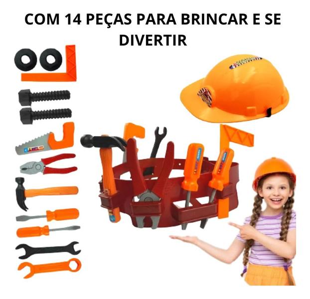 Imagem de Kit Jogo De Ferramentas Infantil Cinto Construtor + Capacete Brinquedo Educativo 14 peças