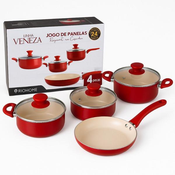 Kit Jogo de Panela 4 Peças  Revestimento Cerâmico Antiaderente Veneza Vermelho - Rio Home