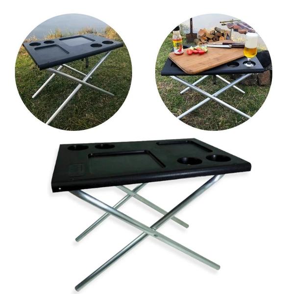 Imagem de Kit Jogo de Panelas Camp 2 Ntk 7 Pecas + Mesa Multiuso Dobravel para Camping, Pesca e Trilha