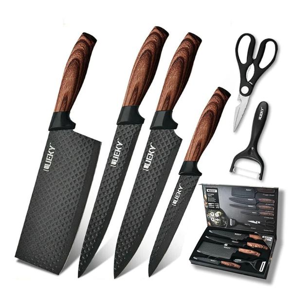 Kit Jogo Facas Conjunto Cozinha Facas Tesoura Descascador Churrasco Cutelo Cabo Madeira - ... Kit Jogo Facas Conjunto Cozinha Facas Tesoura Descascador Churrasco Cutelo Cabo Madeira - ...