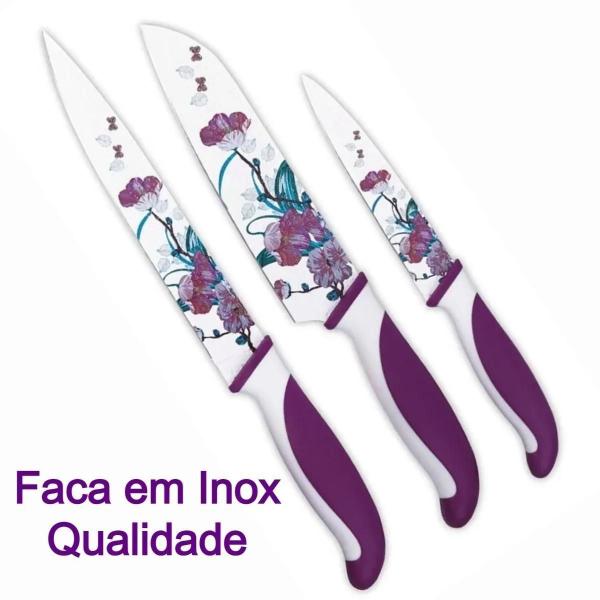 Imagem de Kit Jogo Facas Em Inox Decoradas 3 Peças Maleta Cozinha Roxo