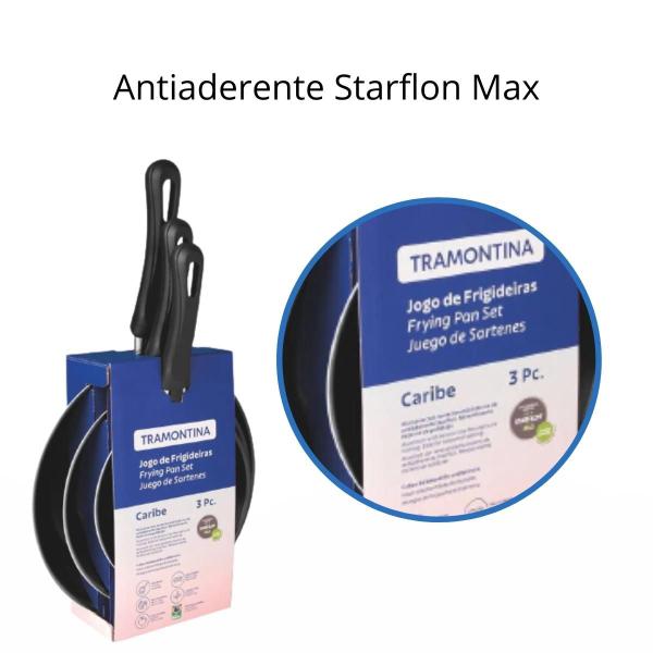 Kit Jogo Frigideiras Caribe 3 Pc Antiaderente Starflon Max Tramontina + Espátula de Nylon MTA Imagem de Kit Jogo Frigideiras Caribe 3 Pc Antiaderente Starflon Max Tramontina + Espátula de Nylon MTA