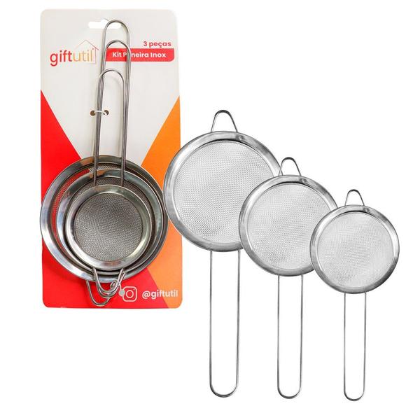 Imagem de Kit Jogo Peneira Aço Inox Malha Fina Utensílio Cozinha E Coador