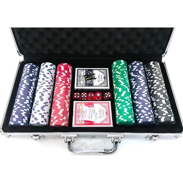 Imagem de Kit Jogo Poker 300 Fichas 2 Baralhos Dados Texas Holdem