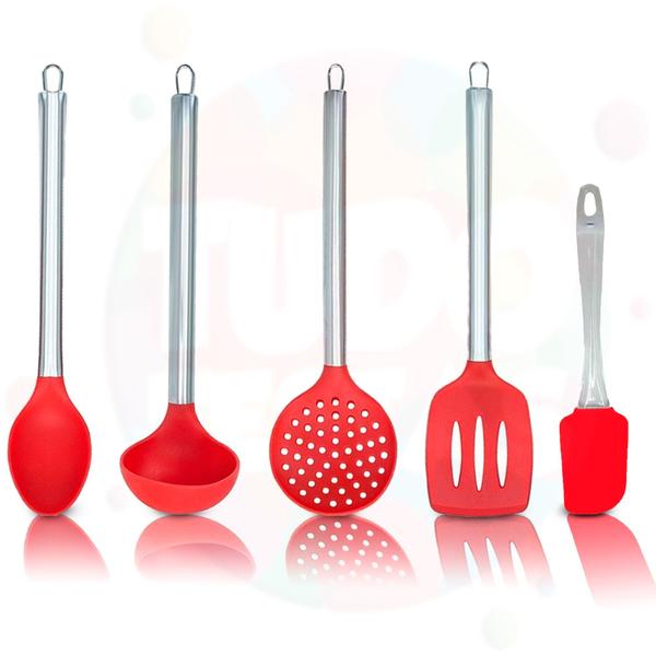 Imagem de Kit Jogo Utensílios De Cozinha Silicone Cabo Inox 5 Peças Colher Concha Escumadeira Espátula Mini Espátula