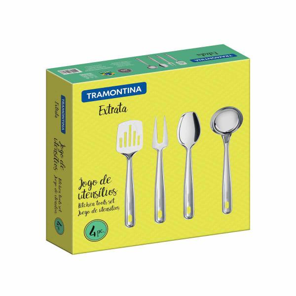 Imagem de Kit Jogo Utensílios de Cozinha Tramontina 4 pçs Aço Inox Extrata Colher Arroz Concha e Garfo