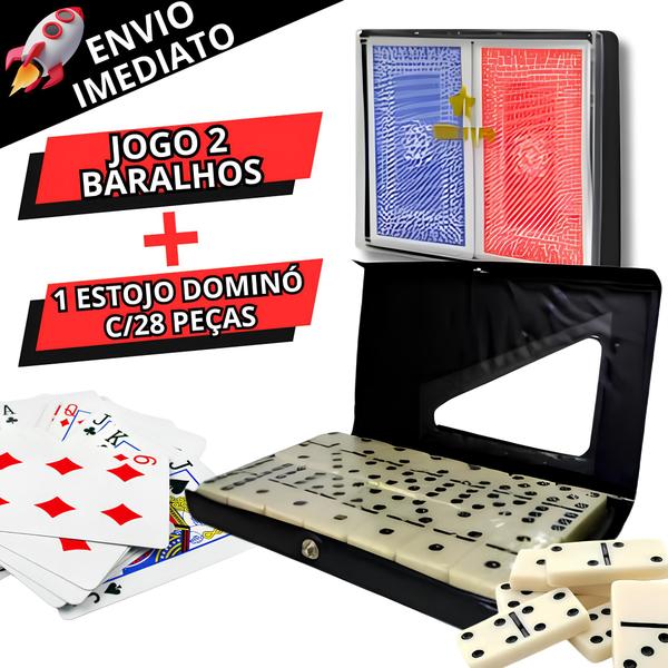 Imagem de Kit Jogos 2 Baralho 54 Cartas Cada e 1 Estojo de Dominó C/28 Peças Profissional Jogos Educador