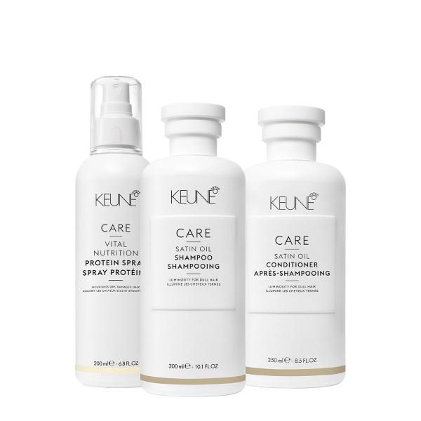 Imagem de Kit Keune Care Satin Oil Shampoo Condicionador e Vital Nutrition Protein Spray Condicionante (3 produtos)