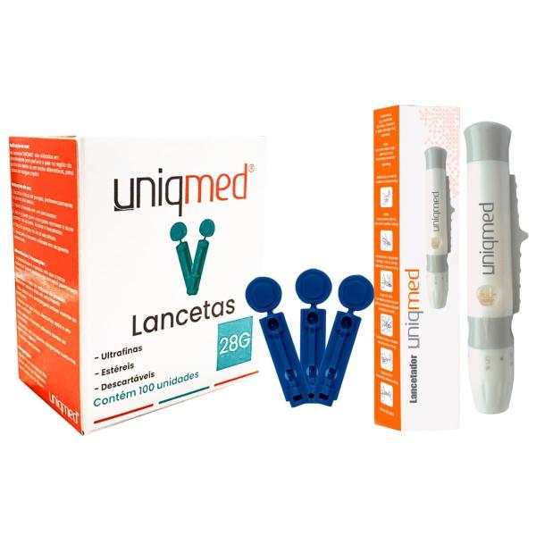 Imagem de Kit Lanceta 28g Caixa com 100 Unidades Uniqmed + Caneta Lancetadora Uniqmed