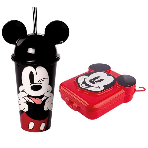 Imagem de Kit Lanche Mickey Mouse Disney Copo Tampa e Canudo 500ml e Sanduicheira - Plasútil