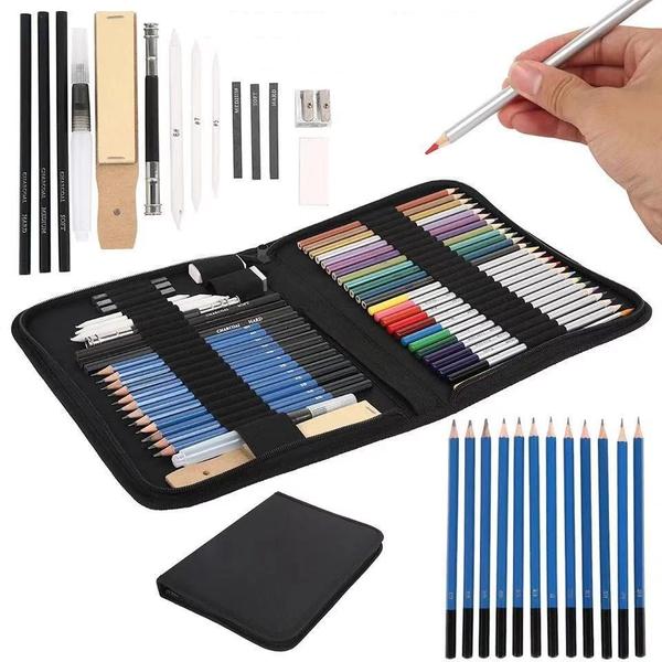 Imagem de Kit Lápis Azul Desenho Estojo 51 peças Pintura Desenhista Profissional