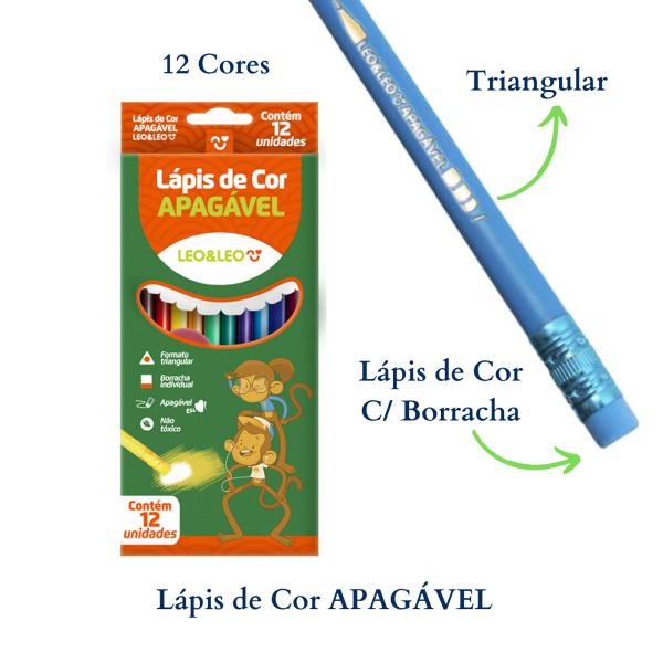 Imagem de Kit Lapis de Cor 12 Cores C/ Borracha Triangular Apagavel Escolar Leo&Leo