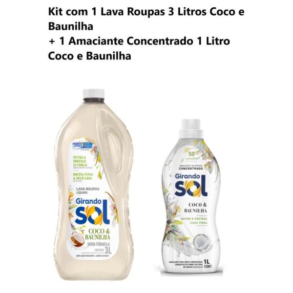 Imagem de Kit Lava Roupas 3 Litros Coco e Baunilha + Amaciante Concentrado Girando Sol 1 Lt