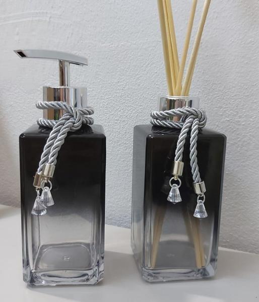 Imagem de Kit Lavabo Aromatizador Difusor Porta Sabonete Líquido Saboneteira Dispenser-Organizadores Jogo Banheiro- Preto Degradê e Prata