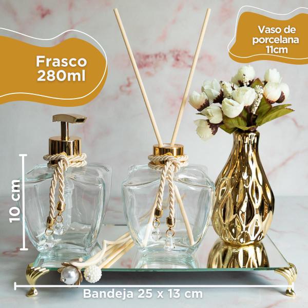 Imagem de Kit Lavabo Banheiro Vidro Estrela Luxo Bandeja Porta Sabonete Difusor Aroma + Vaso Decorativo- K290Dourado Coleção Finlândia 