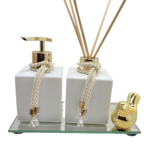 Imagem de Kit Lavabo Difusor Porta Sabonete Líquido Bandeja Espelhada Enfeite Decorativo-Dispenser Organizadores Jogo Para Banheiro-Branco e Dourado