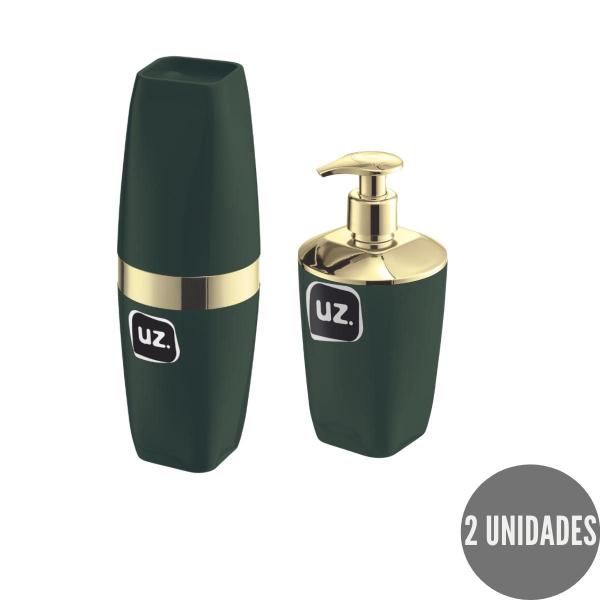 Imagem de Kit Lavabo Dispenser e Porta Escova Verde com Dourado Chique