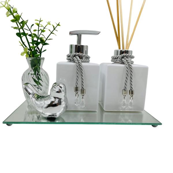 Imagem de Kit Lavabo Luxo Banheiro Saboneteira e Difusor Com Bandeja - Vidro Cubo Branco Prata